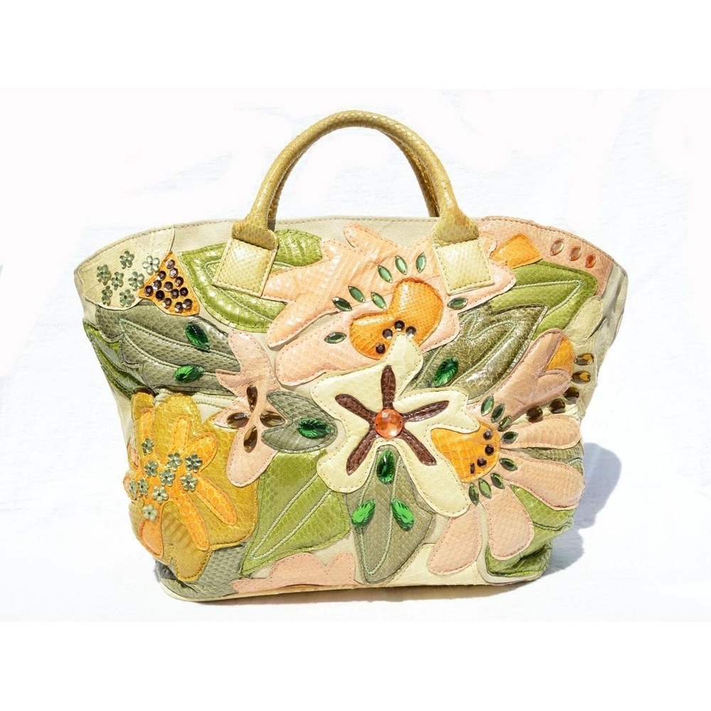 Braccialini Floral Applique Tote Bag Womens Beige Good Snakeskin Embossed Canvas